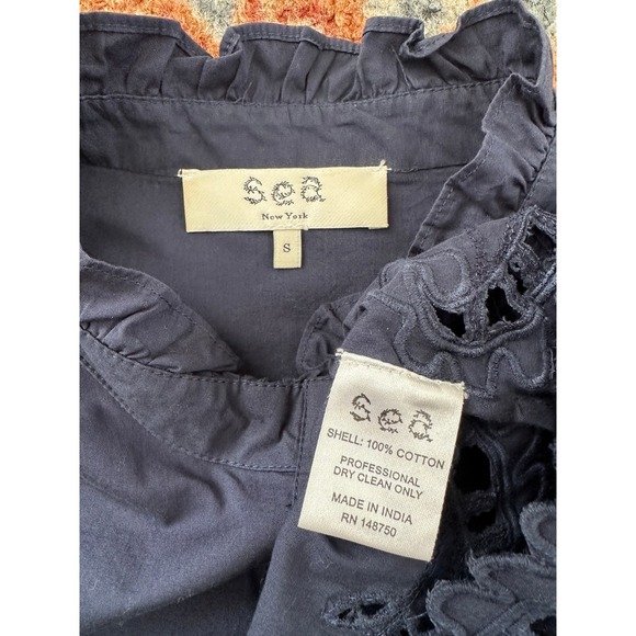 Sea New York Santos Eyelet Blouse Navy Blue Ruffle Puff Sleeve Cotton Top Small - Picture 7 of 8